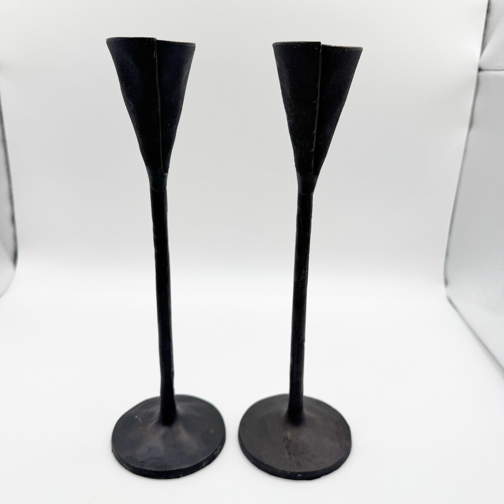 Pottery Barn Petaluma Candle Holder Black Hammered Iron 12" Brutalist Set B2